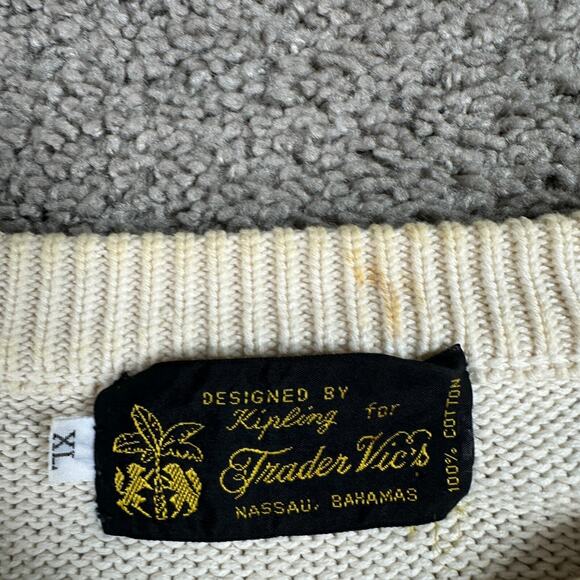 VINTAGE Kipling Sweater Mens XL Beige Argyle Trader Vic's Cotton Pullover 80s - Picture 6 of 11